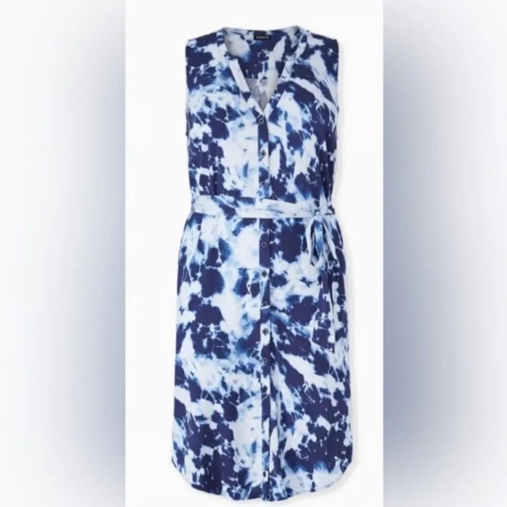 NWT Torrid Women's Blue Tie Dye Challis Button Front Self Tie Midi Dress Size 12